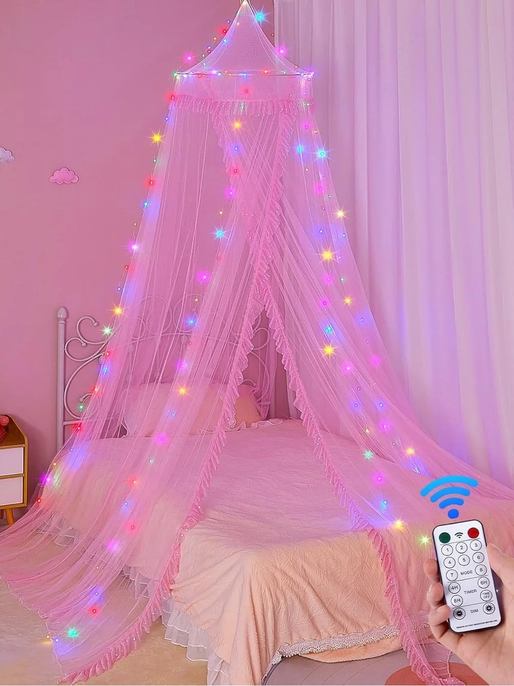 Pink Canopy Bed Net with Multicolor with LED Lights